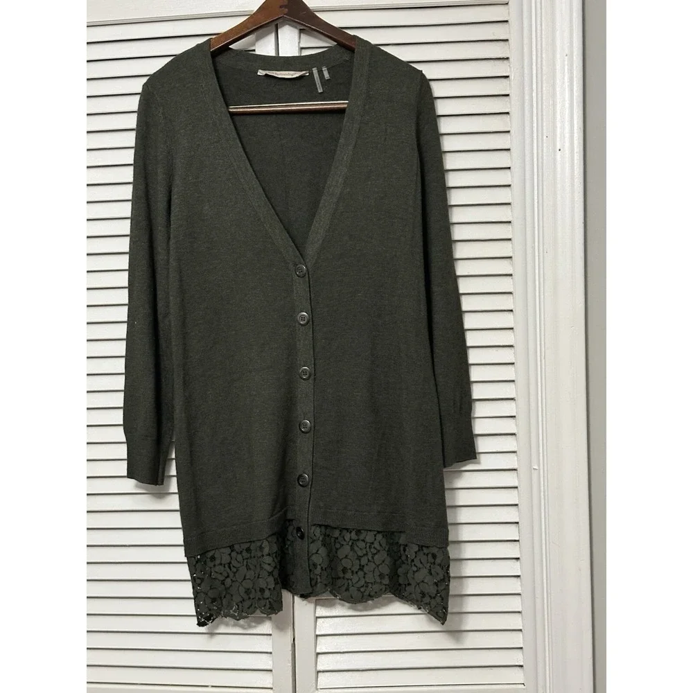 Soft Surroundings XS Tunic Cardigan Sweater Green Lace Hem Deep V-Neck Y2K Style